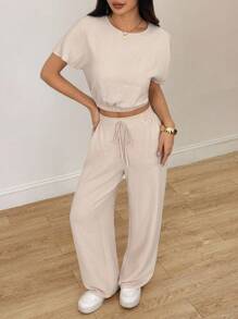 SHEIN PETITE Batwing Sleeve Crop Top & Drawstring Waist Pants Textured Fabric Two Pieces Two Pieces Set Beige Two Pieces Set Casual Two Pieces Set Comfortable Two Pieces Set Tall Two Pieces Set Two Pieces Pants Set Women Two Pieces Set - Apricot - View 7