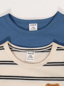 SHEIN Conjunto de verano de 4 piezas para bebé niño y niña, que incluye camisetas informales de manga corta con patrones de caricaturas y rayas en estilo coreano y pantalones cortos con cintura elástica y bolsillos prácticos - Azul - Ver 5