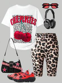 2件套女童休闲樱桃豹纹圆领T恤和短裤套装