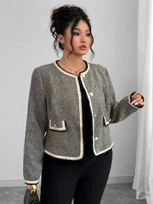 SHEIN Elenzya 大码女式黑白花卉拼布圆领仿口袋长袖常规夹克 - 彩色 - 查看 4