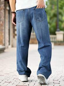 Manfinity Roghcode Quần jeans denim ống rộng rách gối màu xanh nhạt thiết kế vá lỗi cho nam, thường ngày, phù hợp mặc đi chơi - Màu xanh lam - Xem 5