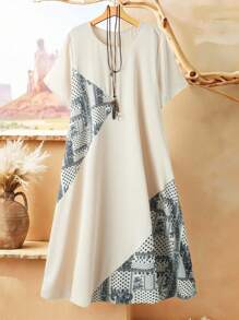 EMERY ROSE 大码女式花卉印花拼布圆领宽松休闲连衣裙