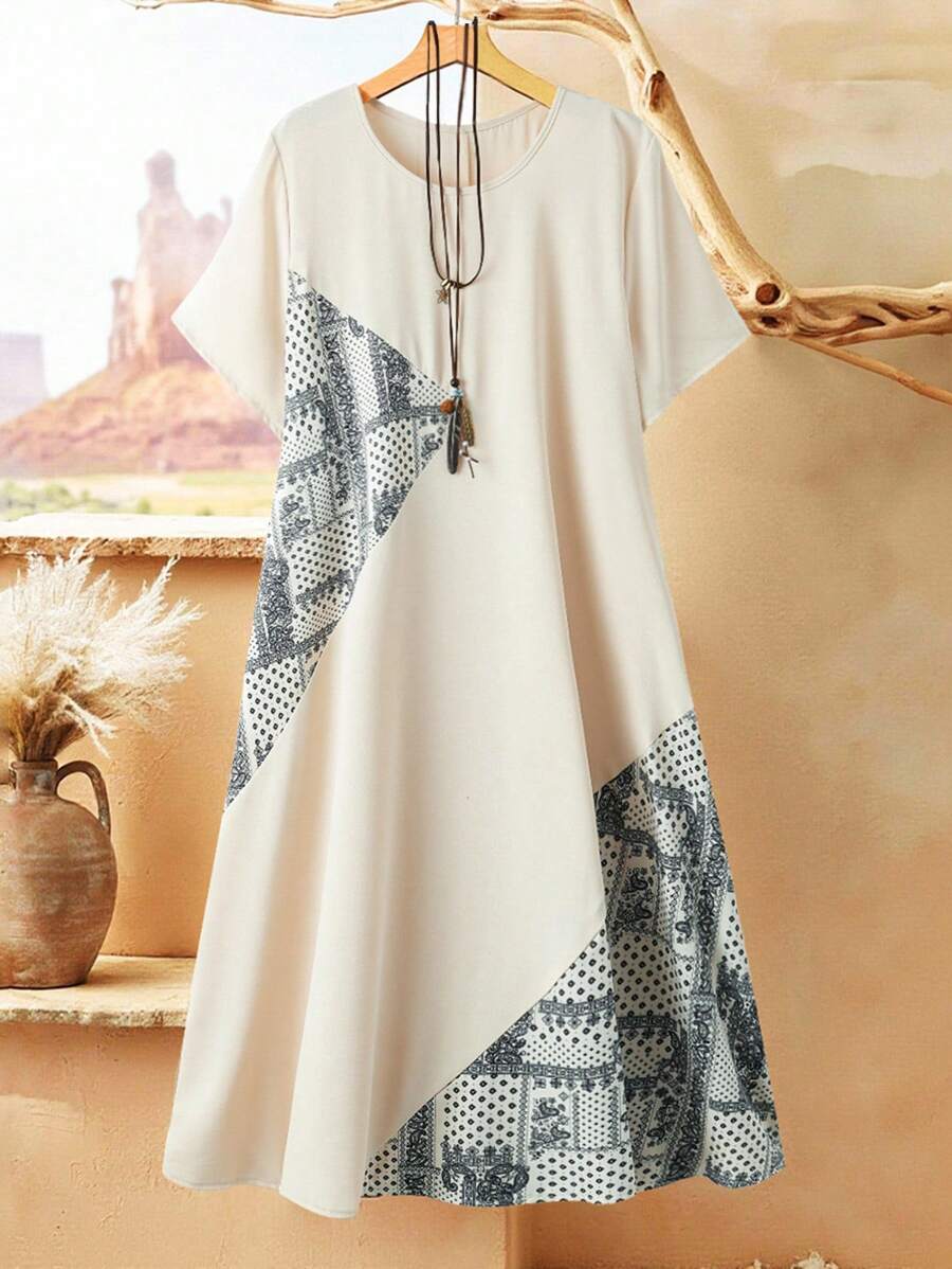 EMERY ROSE 大码女式花卉印花拼布圆领宽松休闲连衣裙