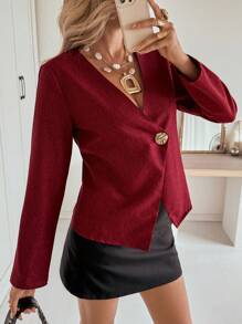 Siren Gaze Chemise à manches longues avec design asymétrique pour femmes, chemise à boutons métalliques col V, rouge vin - Rouge foncé - Voir 7