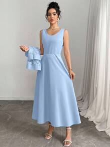 Modelyn Women Floral Applique Mesh Batwing Sleeve Top And Sleeveless Dress Elegant 2 Piece Set - Blue - View 6