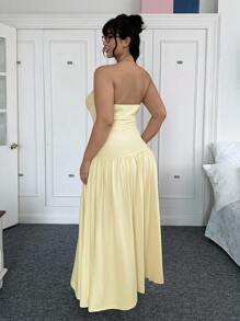 SHEIN EZwear 大码女式休闲黄色抹胸连衣裙 - 杏色 - 查看 2