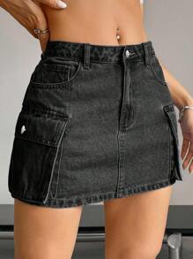 SHEIN ICON 女式夏季纯色工装牛仔裙 - 黑色 - 查看 5