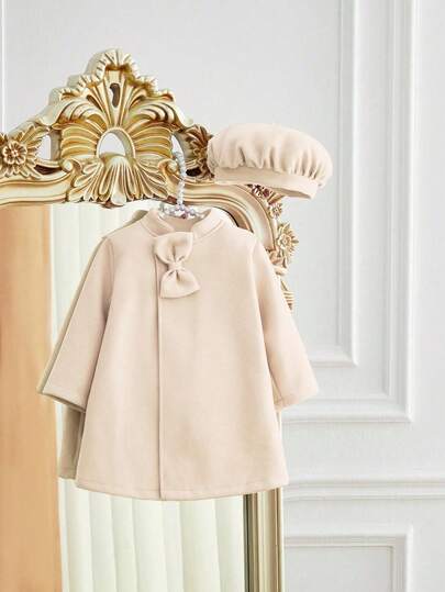 SHEIN Elladie kids Baby Girls' Elegant Minimalist Bow Jacket And Hat Set, Autumn/Winter Fall
