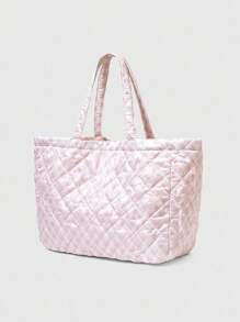 ROMWE Kawaii Stylish Pink Rhombus Pattern Letter & Bow Decor Rhinestone Accented Portable Shoulder/Handbag, Large Capacity Versatile Design Suitable For Holiday, Social, Shopping, Photography - Pink - View 5