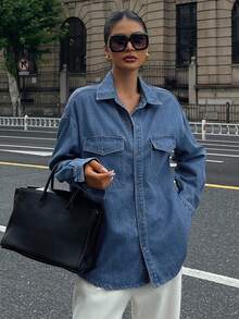 DAZY Vintage Washed Denim Long Sleeve Shirt - Blue - View 6