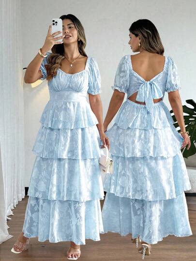 Vionelle Plus Size Elegant Vacation Square Neck Bow Backless Layered Ruffle Butterfly Sleeve Dress For Women Open Back Maxi Dress Light Blue Long Dress Tiered Maxi Dress Bridgerton Tea Party Dress Baby Blue Maxi Dress