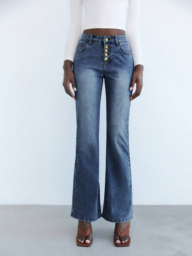 Maija 女式蓝色休闲喇叭牛仔裤，带口袋 - 中等水洗藍 - 查看 4