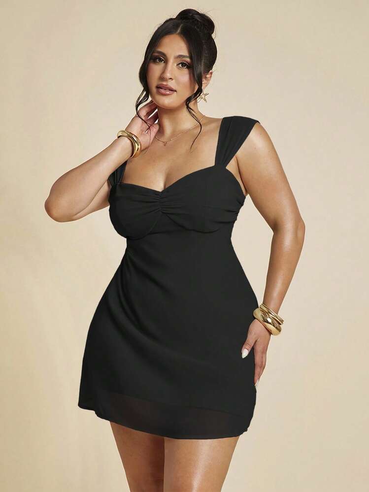 SHEIN BAE 大码女式绿色褶饰胸围荷叶边下摆短款连衣裙，迷你紧身连衣裙，春夏 - 黑色 - 查看 4