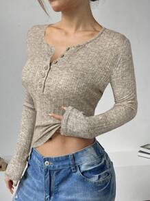 SHEIN EZwear Camiseta de mujer de manga larga con cuello en V de tejido acanalado en color caqui - Caqui - Ver 5