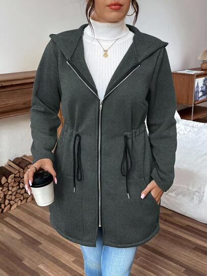 Calvaya 大码纯色抽绳腰部拉链休闲连帽夹克