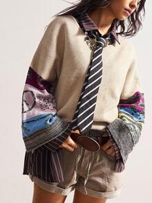 Bohemela 女式拼布印花圆领长袖毛衣 - 杏色 - 查看 5