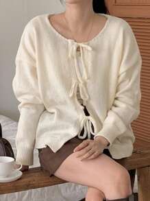 DAZY 女士圆领系带装饰宽松休闲长袖开衫，秋季女装 - 米色 - 查看 2