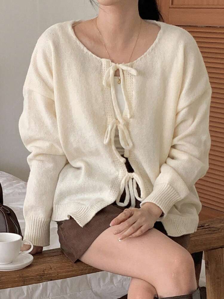 Women's Round Neck Tie Decor Loose Casual Long Sleeve Cardigan,Fall Women Clothes