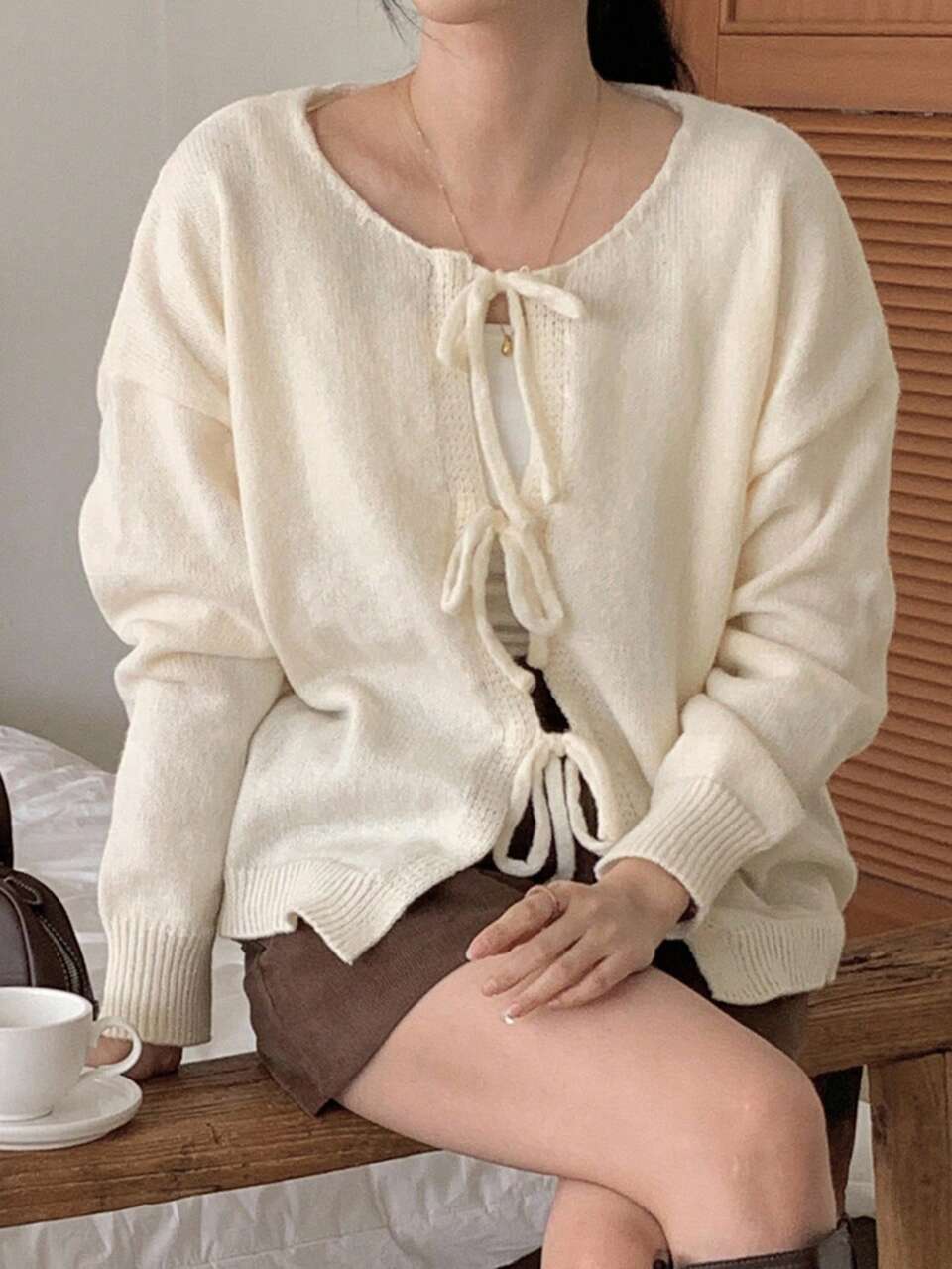Women's Round Neck Tie Decor Loose Casual Long Sleeve Cardigan,Fall Women Clothes