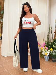 SHEIN EZwear 大码女装纯色简约直筒休闲裤海军蓝裤子高腰裤阔腿裤秋冬 - 藏蓝色 - 查看 4