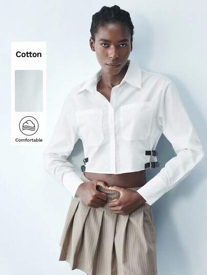 Maija Camisa de manga larga de mujer con diseño de hebilla de cuero en el lateral, de corte corto y abotonadura sencilla en color blanco, adecuada para el Día de la Independencia, San Juan, graduación, vacaciones y otoño