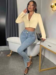 SHEIN SXY Women's Notched Collar Raglan Sleeve Short Casual Solid Color Blazer In Fall/Winter - Apricot - View 5