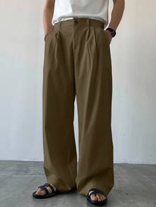 Claim Dot 男士休闲日常宽松裤，带折叠和褶皱设计，秋季 - 棕色 - 查看 6