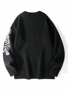 Manfinity EMRG 男士圆领落肩休闲宽松提花针织标语图案毛衣，秋冬款，朋克风，长袖上衣 - 黑色 - 查看 2