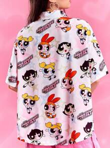 THE POWERPUFF GIRLS X SHEIN 女款白色卡通可爱宽松衬衫，花朵、泡泡、毛茛图案，基本款休闲时尚，开学季女士，开学季，学校上衣，基本款上衣，秋冬 - 彩色 - 查看 2