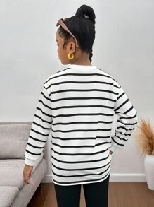 青少年女孩休闲条纹圆领套头衫 - 黑與白 - 查看 4