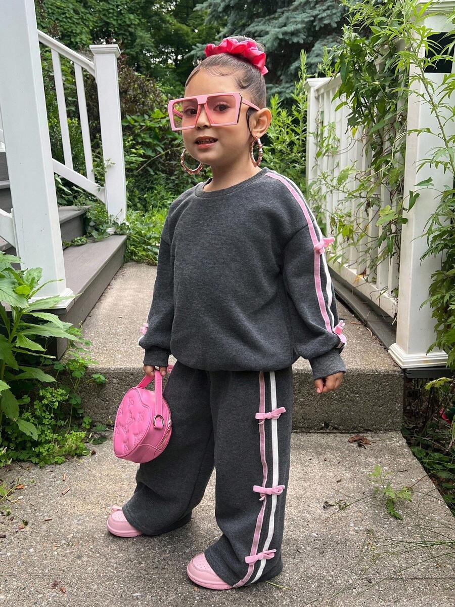 SHEIN 2 件套年轻女孩拼色蝴蝶结运动衫和紧身裤套装,休闲日常百搭时尚 - 黑色 - 查看 1