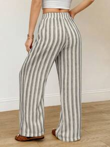SHEIN PETITE 女式度假休闲条纹直筒裤 - 卡其色 - 查看 2