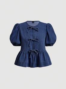 SHEIN X ELOISA & ORSON SHEIN MOD Conjunto de ropa vintage de los años 90 para mujer: camiseta de cuello redondo, blusa corta de mezclilla azul dulce con mangas abullonadas, camisas con lazo, ropa de vuelta al colegio, ropa de otoño, atuendos de crucero para mujer, blusas para mujeres, blusas de otoño, camisa de burbujas, camisa con lazo, camisas escolares, camisa azul claro, camisa de fiesta de graduación, conjunto de cumpleaños
