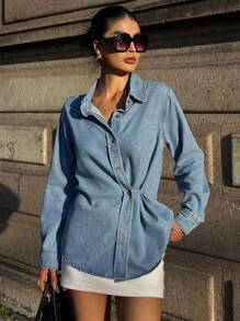 DAZY 秋季法式复古翻领侧扣设计宽松百搭长袖水洗牛仔衬衫、牛仔夹克、秋季女装 - 淺色水洗藍 - 查看 6