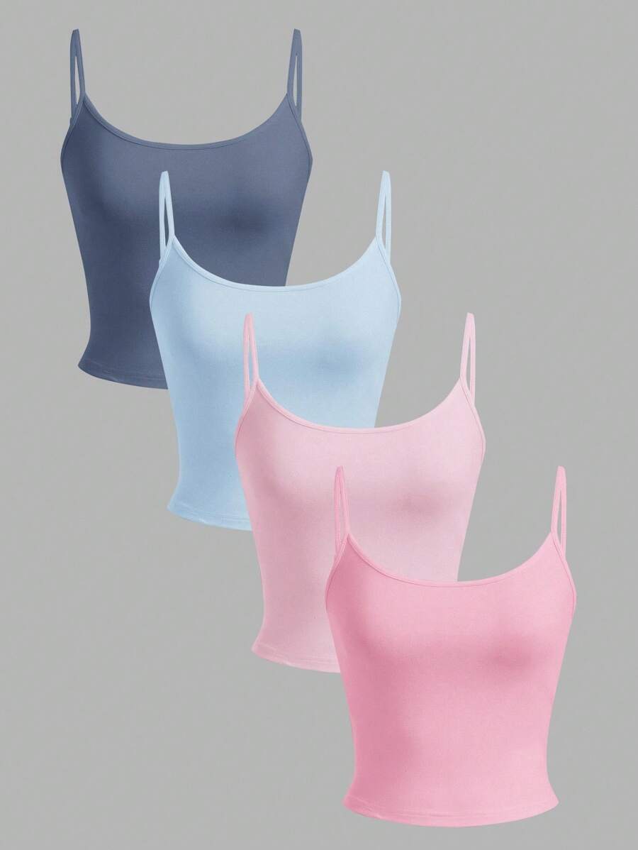 SHEIN EZwear 4 件套女士雾霾蓝、浅蓝、浅粉、玫粉紧身短款休闲吊带背心上衣，适合夏季 - 彩色 - 查看 1
