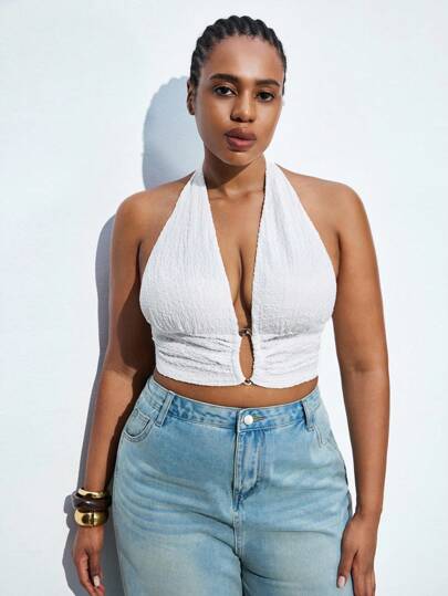 Maija Plus Size White Halter Neck Backless Tie-Up Textured Blouse, Fashionable & Versatile, New Autumn Collection Fall Autumn Back To School Homecoming Modest Vintage Women Old Money Teacher Romantic, Fashion, Versatile; Comfortable, Stylish, Elegant, Casual, Simple Daily Wear, Essential, Solid Color, Holiday Casual, Decent, Single Lady, Elegant Fashion Business Casual Woman Going Out Tops Graduation Teacher Going Out Tops Women Business Casual Woman