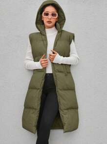 EURMUSE Solid Hooded Vest Puffer Coat - Dark Green - View 1