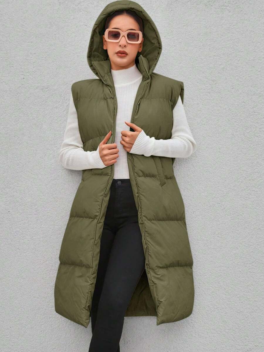 EURMUSE Solid Hooded Vest Puffer Coat - Dark Green - View 1
