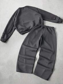 PAVTROS Manfinity Streetrush 男士创意拼布宽松图案文字刺绣运动衫套装，灰色男士运动服套装男士两件套男士慢跑套装男士套装男士两件套，返校，羊毛两件套，秋冬装