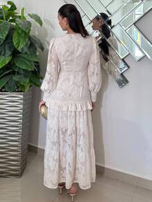 Andrea Bello V-Neck Puff Sleeve Cinched Waist Elegant Dress Maxi Women Outfit