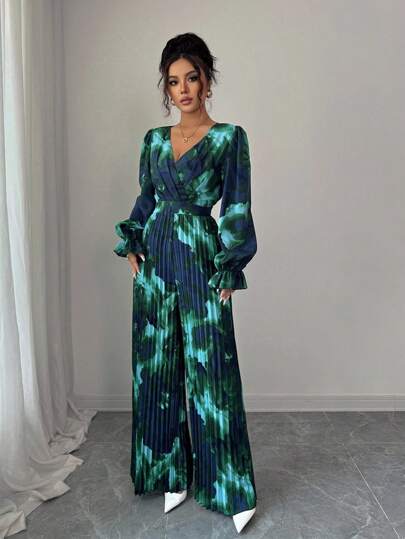 Selianne Women's Tie-Dye Overlap V-Neck Long Sleeve Pleated Wide Leg Jumpsuit Fall Cloth For Women