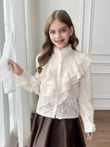 SHEIN بلوزة أنيقة وناعمة بأكمام واسعة مزخرفة بالجاكار ذات طوق عالي مع كشكشة، لون المشمش، مناسبة للارتداء اليومي والعودة للمدرسة - لون مشمشي - مشاهدة 4