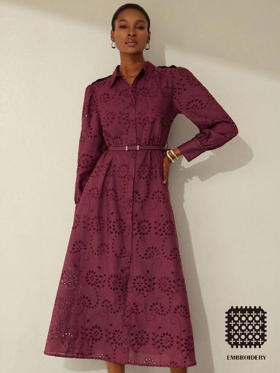 Aveloria Modichic Solid Color Hollow Embroidery Cinched Waist Front Long Sleeve Shirt Dress - Burgundy - View 1