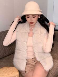 DAZY 女士优雅蓬松背心，秋冬季外套背心女式大衣 - 米色 - 查看 3