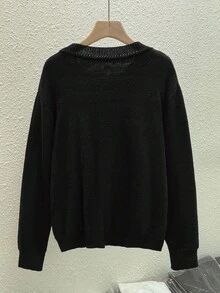Linhara Suéter de cuello redondo de manga larga y talla grande de unicolor y casual de felpa para mujer - Negro - Ver 2