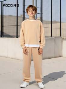 Bộ áo hoodie thường ngày cho bé trai tuổi teen, áo nỉ cổ tròn phối 2 trong 1, phù hợp cho đi học, mặc thường ngày và chơi thể thao. - Màu Khaki - Xem 8