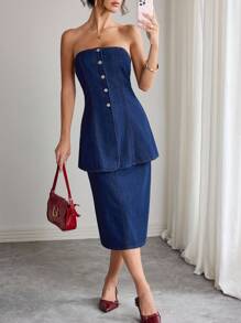 Selianne Women's Front Button Bandeau Top And Denim Skirt 2-Piece Set - Blue - View 5