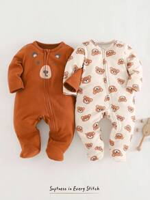 Cozy Pixies Conjunto de 2 peças de Macacão e Calça de Manga Longa com Gola Redonda em Tricô Macio com Estampa de Urso Cartoon para Bebê Recém-Nascido Menino/Menina