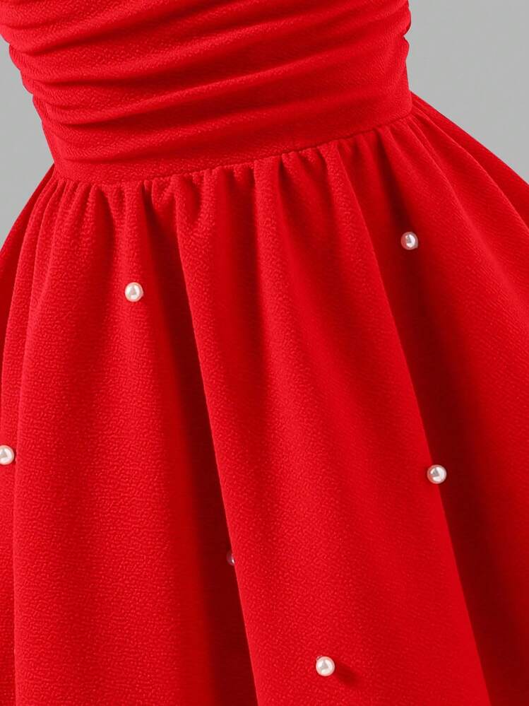少女红色细肩带蝴蝶结腰中长连衣裙，优雅返校连衣裙，饰有串珠装饰，采用优质纹理面料制成 - 紅色 - 查看 3
