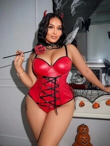 Fantasy Costume 2pcs Devil Criss-Cross Lace-Up Look Slimmer Paneled Underwire Leather Sexy Ruffle Hem Contrast Color Crotchless Lingerie Sexy Cosplay Lingerie Role Play Outfit For Halloween Party Music Festival Bar Club Devil Halloween Costume Red Lingerie Set